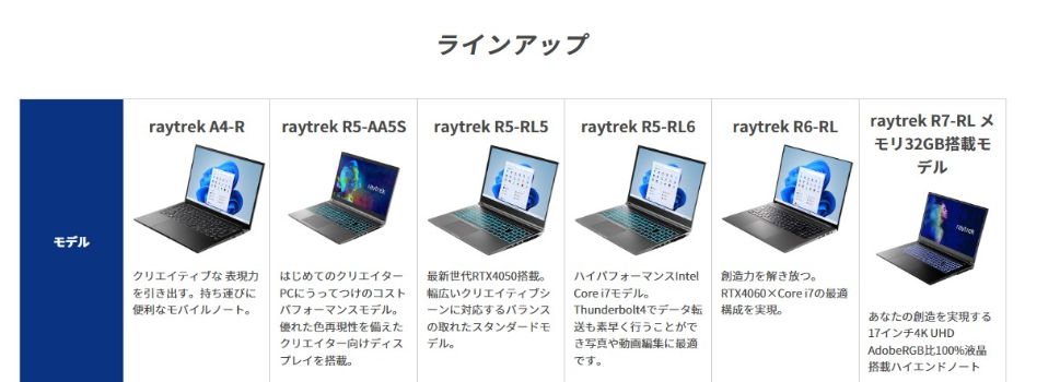 raytrekのノートパソコンのラインナップ